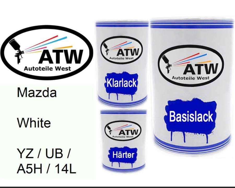 Mazda, White, YZ / UB / A5H / 14L: 500ml Lackdose + 500ml Klarlack + 250ml Härter - Set, von ATW Autoteile West.
